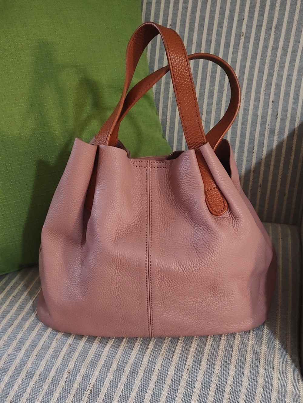 Women's Pink Leather Tote Bag with Brown Handles